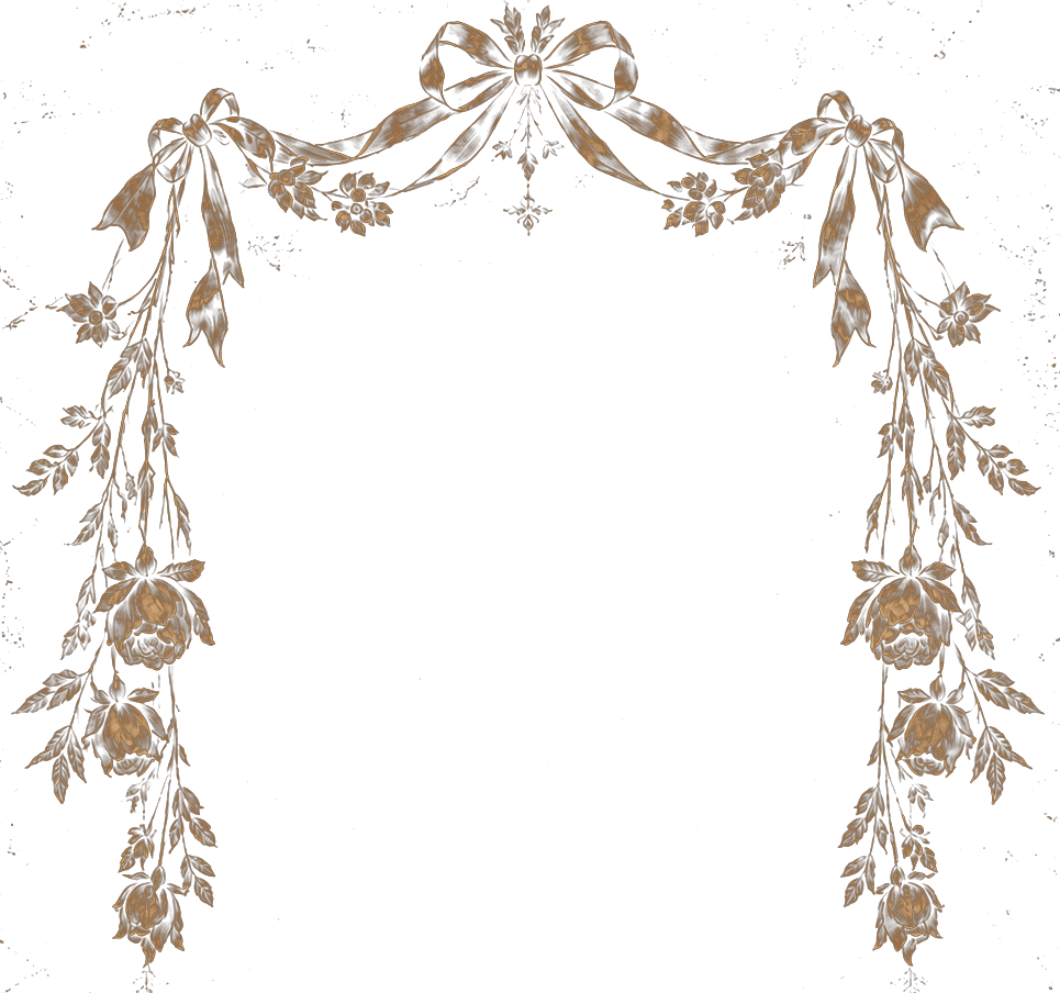A gold engraved garland of ribbons and hanging roses.